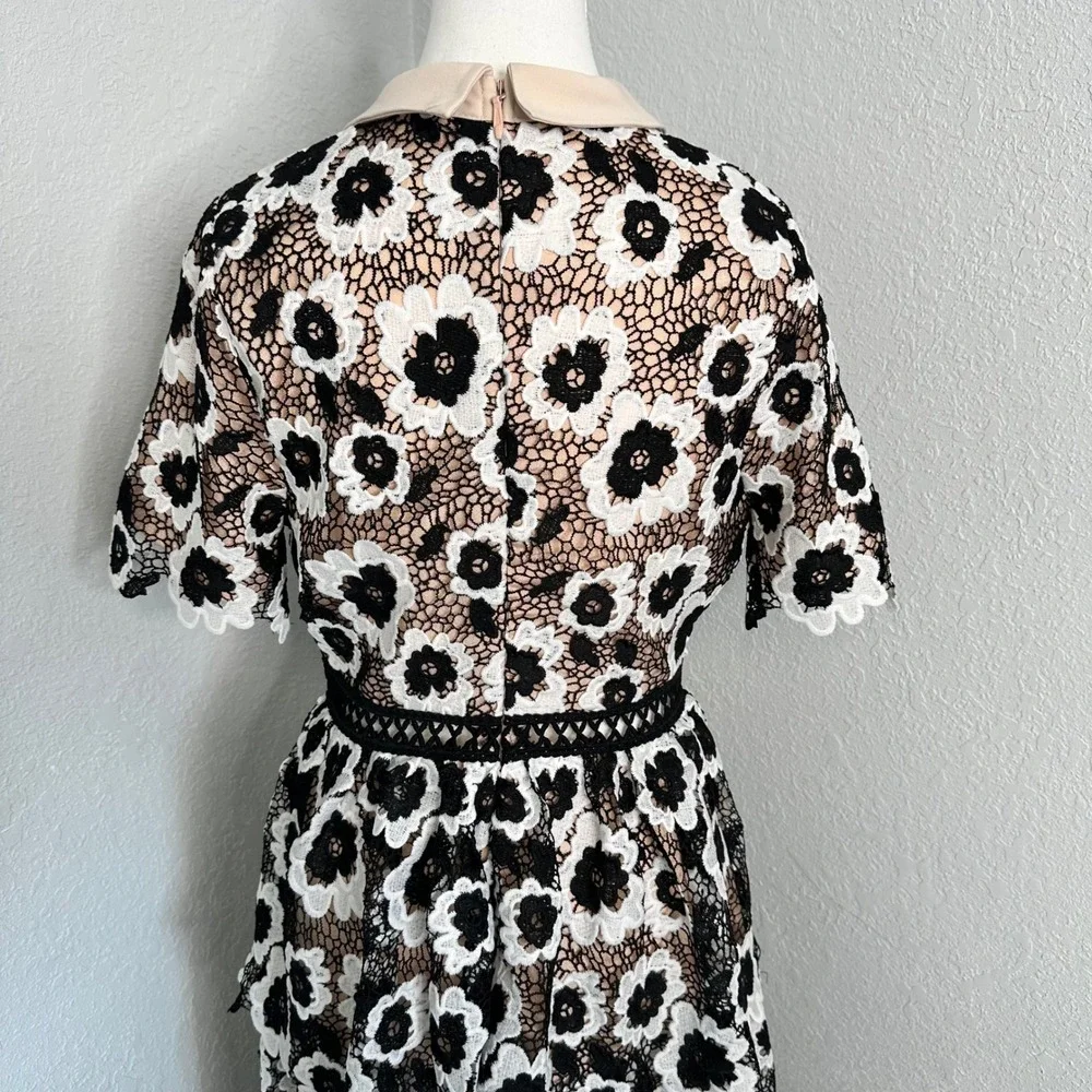 Just Me white black Floral Lace tiered Midi‎ Dress Beige Collar womens size med